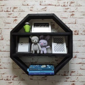 Raft de perete din lemn in forma octogonala Mendoza negru