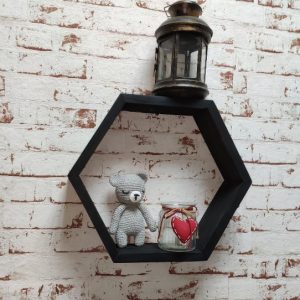 Raft de perete din lemn in forma hexagonala Carnival mare negru