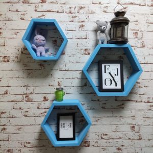 Set 3 rafturi de perete din lemn in forma hexagonala Carnival bleu