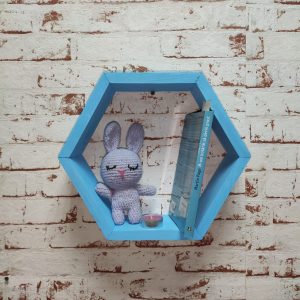 Raft de perete din lemn in forma hexagonala Carnival mediu bleu