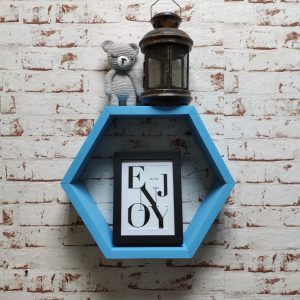 Raft de perete din lemn in forma hexagonala Carnival mare bleu