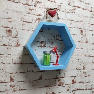 Raft de perete din lemn in forma hexagonala Carnival mare baby blue