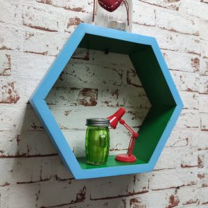 Raft de perete din lemn in forma hexagonala Carnival mare bleu/verde