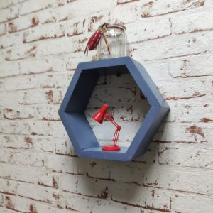 Raft de perete din lemn in forma hexagonala Carnival mare indigo