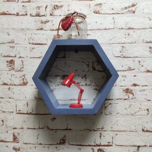 Raft de perete din lemn in forma hexagonala Carnival mic indigo