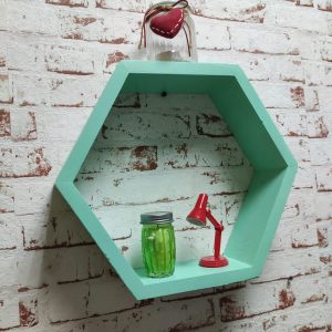 Raft de perete din lemn in forma hexagonala Carnival mare mint