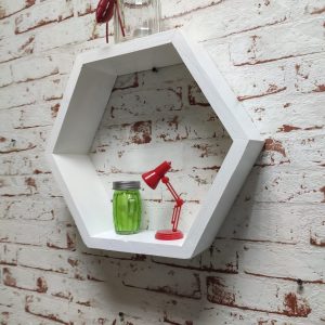 Raft de perete din lemn in forma hexagonala Carnival mare alb