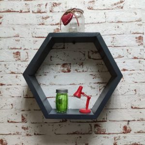 Raft de perete din lemn in forma hexagonala Carnival mare gri antracit