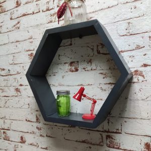 Raft de perete din lemn in forma hexagonala Carnival mediu gri antracit