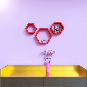 Set 3 rafturi de perete din lemn in forma hexagonala Carnival rosu