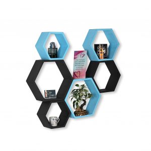 Set 6 rafturi de perete din lemn, in forma hexagonala, cu prindere ascunsa, Circus, albastru deschis/negru