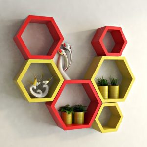 Set 6 rafturi de perete din lemn, in forma hexagonala, cu prindere ascunsa, Circus, galben/rosu