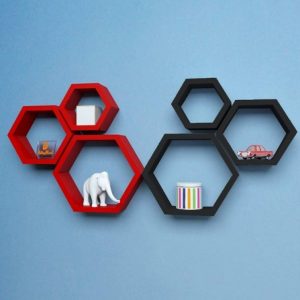 Set 6 rafturi de perete din lemn, in forma hexagonala, cu prindere ascunsa, Circus, negru/rosu