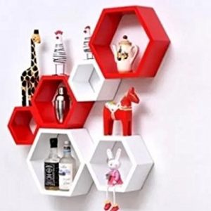 Set 6 rafturi de perete din lemn, in forma hexagonala, cu prindere ascunsa, Circus, alb/rosu