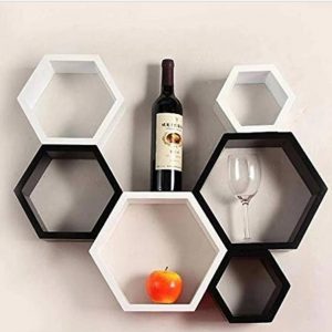 Set 6 rafturi de perete din lemn, in forma hexagonala, cu prindere ascunsa, Circus, alb/negru