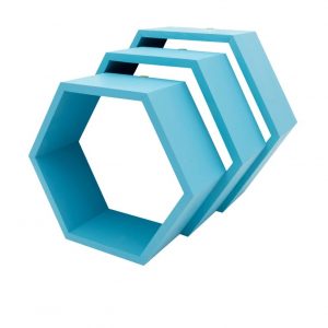 Set 3 rafturi de perete din lemn, in forma hexagonala, cu prindere ascunsa, Carnival, bleu, 37,5 x 32,5 x 9,5 cm, 32,5 x 28 x 9,5 cm, 27,5 x 24 x 9,5 cm