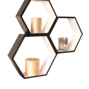 Set 3 rafturi de perete din lemn, in forma hexagonala, cu prindere ascunsa, Carnival, alb/negru, 37,5 x 32,5 x 9,5 cm, 32,5 x 28 x 9,5 cm, 27,5 x 24 x 9,5 cm