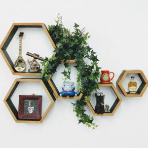 Set 5 rafturi hexagonale din lemn cu prindere ascunsa, Austin, nuc