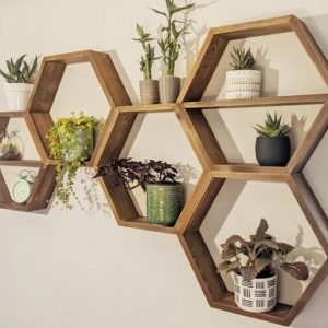 Set cinci rafturi de perete in forma hexagonala, Saskatchewan, 37,5 x 32,5 x 9,5 cm, palisandru