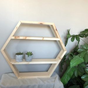 Raft de perete din lemn, in forma hexagonala, Hexwood, 55x50x9.4 cm, natur