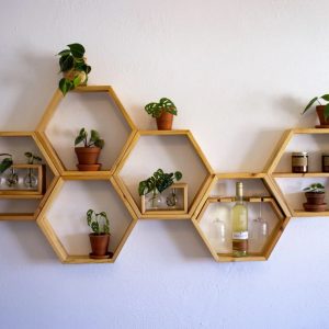 Ansamblu 6 rafturi hexagonale multifunctionale, cu prindere ascunsa, Festival, natur, 37,5 x 32,5 x 11.4 cm