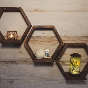 Set 3 rafturi de perete din lemn, in forma hexagonala, cu prindere ascunsa, Kapak, palisandru, 37,5 x 32,5 x 20 cm