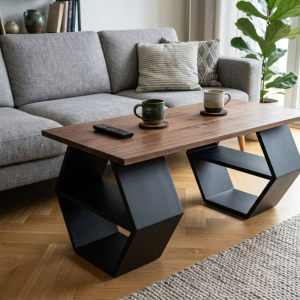 Masuta de cafea din lemn masiv, Hexa Wood, 100x42x40 cm, nuc/negru