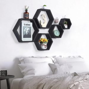 Set 5 rafturi hexagonale din lemn cu prindere ascunsa, Austin, negru