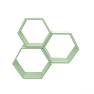 Set 3 rafturi de perete din lemn, in forma hexagonala, cu prindere ascunsa, Carnival, mint, 37,5 x 32,5 x 9,5 cm, 32,5 x 28 x 9,5 cm, 27,5 x 24 x 9,5 cm