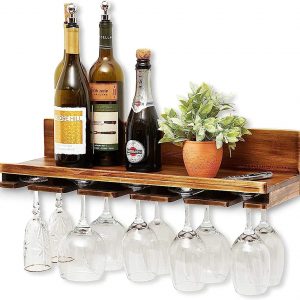 Raft pentru sticle de vin si pahare, Solid Wood, 50x11.4x13 cm, cires