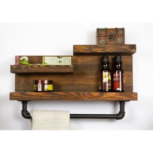 Raft pentru baie cu portprosop in stil industrial, Maidstone, 50x30x20 cm, nuc/negru