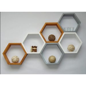 Set 6 rafturi de perete din lemn, in forma hexagonala, cu prindere ascunsa, Circus mediu, multicolor 32.5 x 28 x 9.5 cm