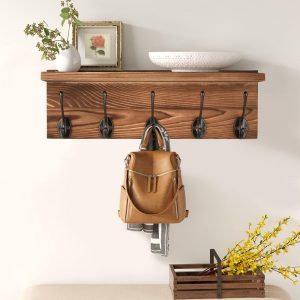 Cuier din lemn masiv cu 5 agatatori, Koln, 65 x 20 x 13.5 cm, nuc