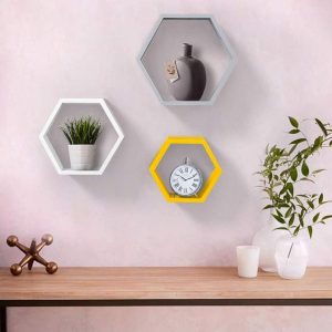 Set 3 rafturi de perete din lemn, in forma hexagonala, cu prindere ascunsa, Carnival, alb/gri/galben