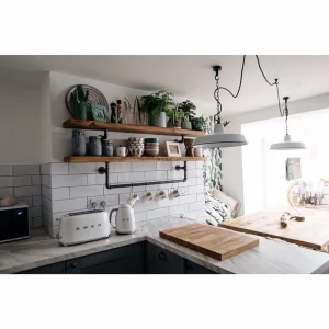 Raft de bucatarie in stil industrial, Sheehills, 150x60x20cm, negru/nuc