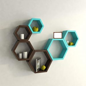 Set 6 rafturi de perete din lemn, in forma hexagonala, cu prindere ascunsa, Circus, bleu/maro, 37,5 x 32,5 x 9,5 cm, 32,5 x 28 x 9,5 cm, 27,5 x 24 x 9,5 cm