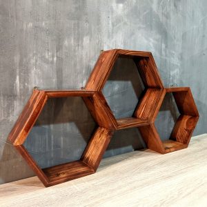 Set 3 rafturi de perete din lemn, in forma hexagonala, cu prindere ascunsa, Carnival, cires, 37,5 x 32,5 x 9,5 cm