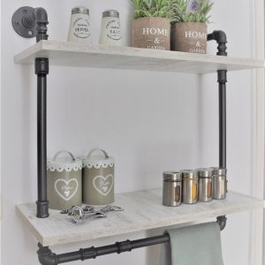 Raft de baie cu portprosop in stil industrial, Netherthorpe, 60x60x20 cm, negru/alb antichizat