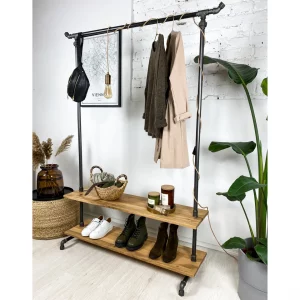 Cuier in stil industrial cu rafturi, Harwell, 130x175x30 cm, negru/nuc