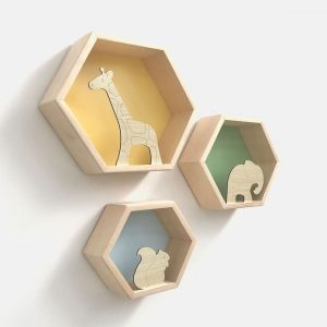 Set 3 rafturi de perete din lemn in forma hexagonala, Toddler, tricolor