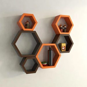 Set 6 rafturi de perete din lemn, in forma hexagonala, cu prindere ascunsa, Circus, orange/maro 37,5 x 32,5 x 9,5 cm, 32,5 x 28 x 9,5 cm, 27,5 x 24 x 9,5 cm