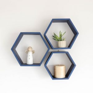 Set 3 rafturi de perete din lemn in forma hexagonala Carnival denim