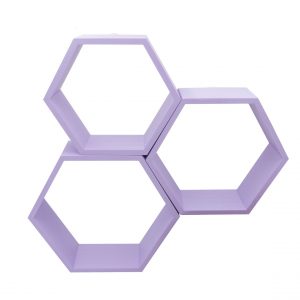 Set 3 rafturi de perete din lemn in forma hexagonala Carnival mov