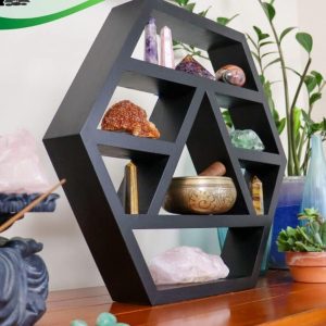 Raft de perete in forma hexagonala, Albuquerque, 48x41x11.4 cm, negru