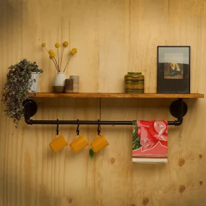 Raft de bucatarie in stil industrial, Errill, 60x25x20cm, negru/nuc