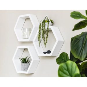 Set 3 rafturi hexagonale cu prindere ascunsa, Chester, 32.5x28x9.4 cm, alb