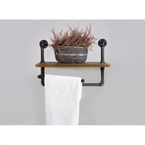 Raft de baie cu portprosop in stil industrial, Orleans, 40x32x20cm, negru/nuc