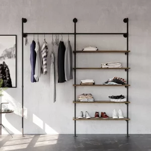 Cuier in stil industrial cu rafturi, Taunton, 203x220x20 cm, negru/nuc