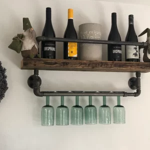 Raft de vinuri si pahare in stil industrial, Birkby, 60x30x11.4 cm, nuc/negru