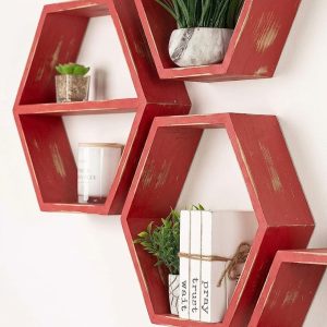 Set 4 rafturi hexagonale cu prindere ascunsa, Not So Shabby, rosu antichizat